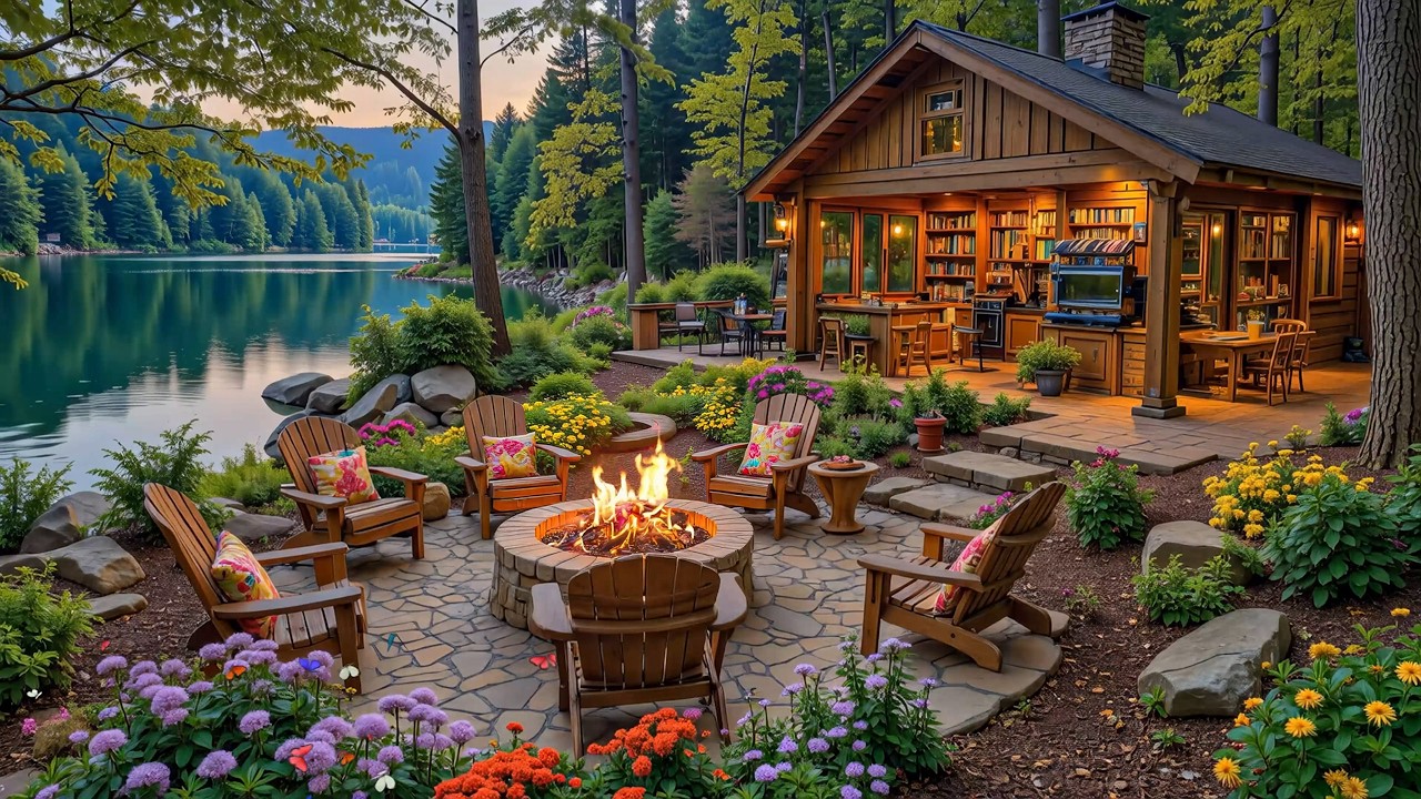 Soothing Spring Piano by the Lake 🌺🌿 Cozy Cabin Fireplace with Birdsong for Relax, Work & Study