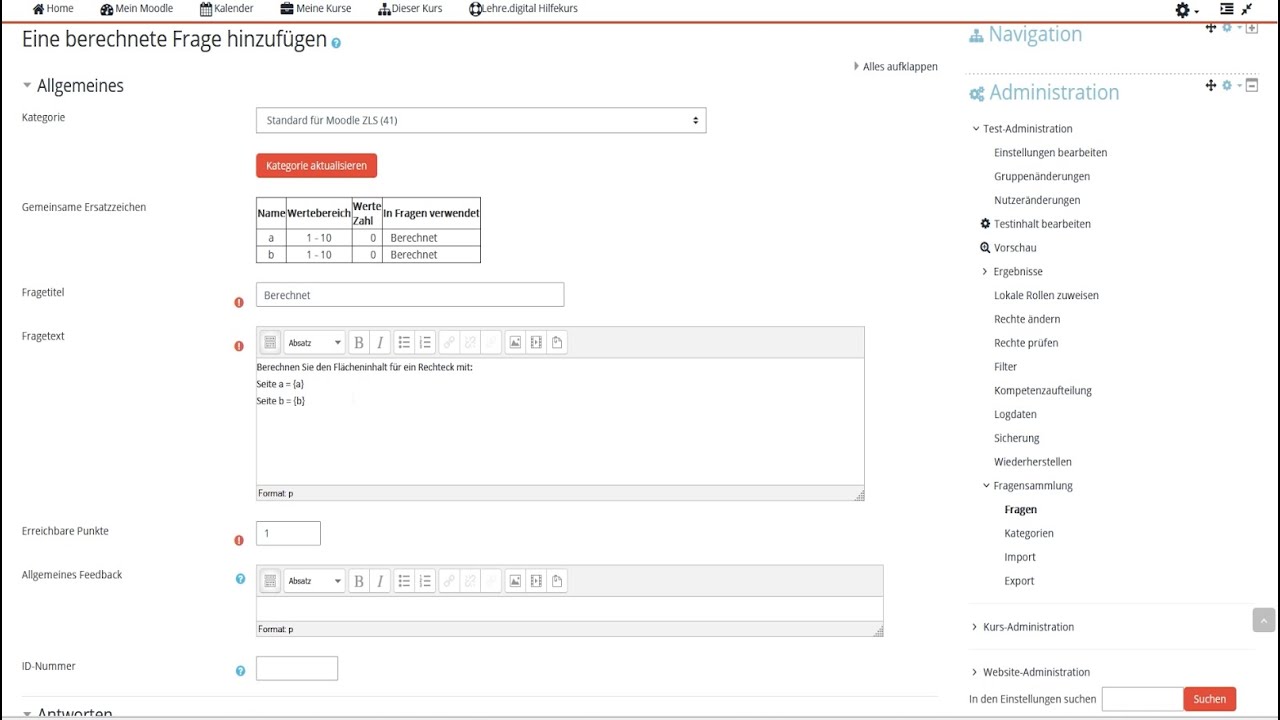 Prüfen mit Moodle: Berechnet
