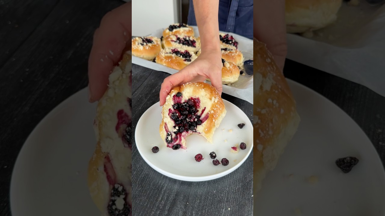 The softest rolls filled with cheesecake and black raspberry jam #recipe in description