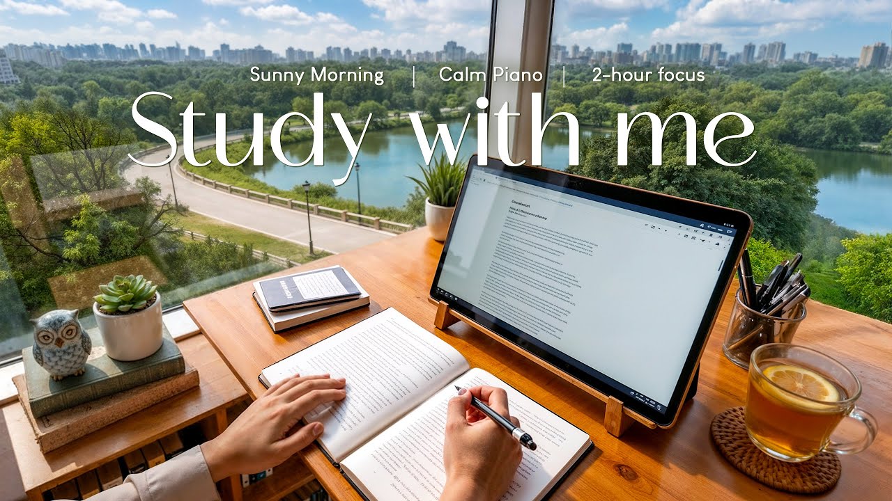 2-HOUR STUDY WITH ME Sunny Morning ☀️ Calm Piano & Soft Nature Sounds 🌿 Pomodoro 25-5