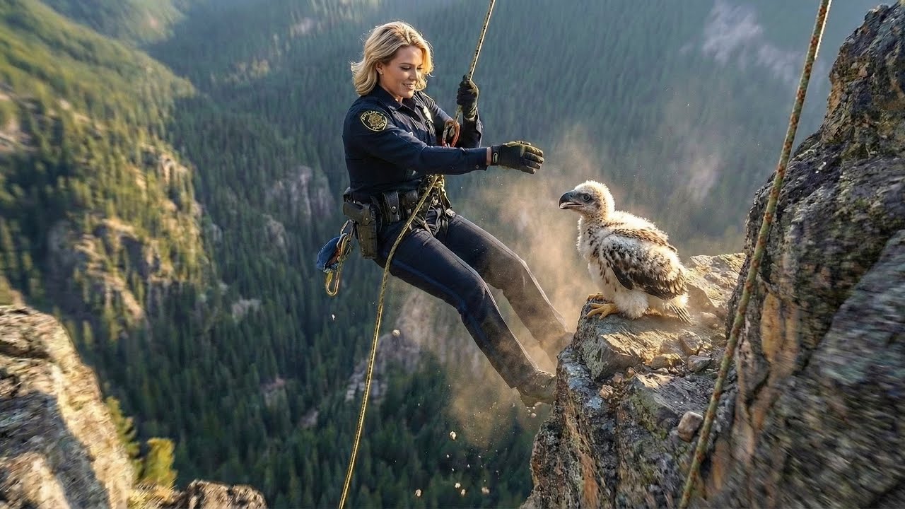 Beautiful Female Police Officer Rescues Baby Eagle Right On The Edge of a liff.