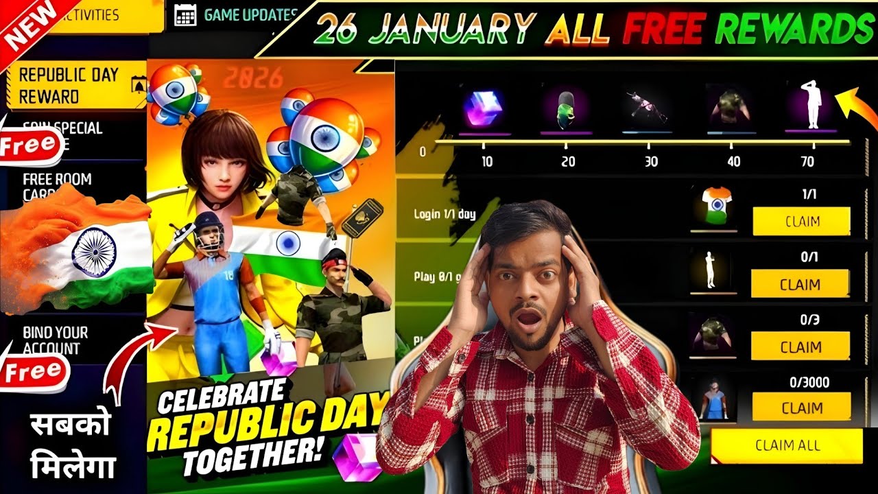 26 January 🇮🇳 Free Bundle + Emote + Rewards 🎁😍 | Free Rewards Republic Day Event 🇮🇳🎁 | Free fire 🇮🇳 