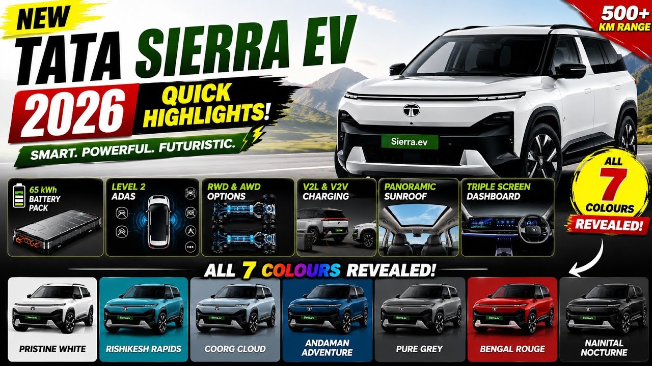 New Tata Sierra EV 2026 &ndash; All 7 Colours Revealed | Quick Highlights, Features & Range ⚡
