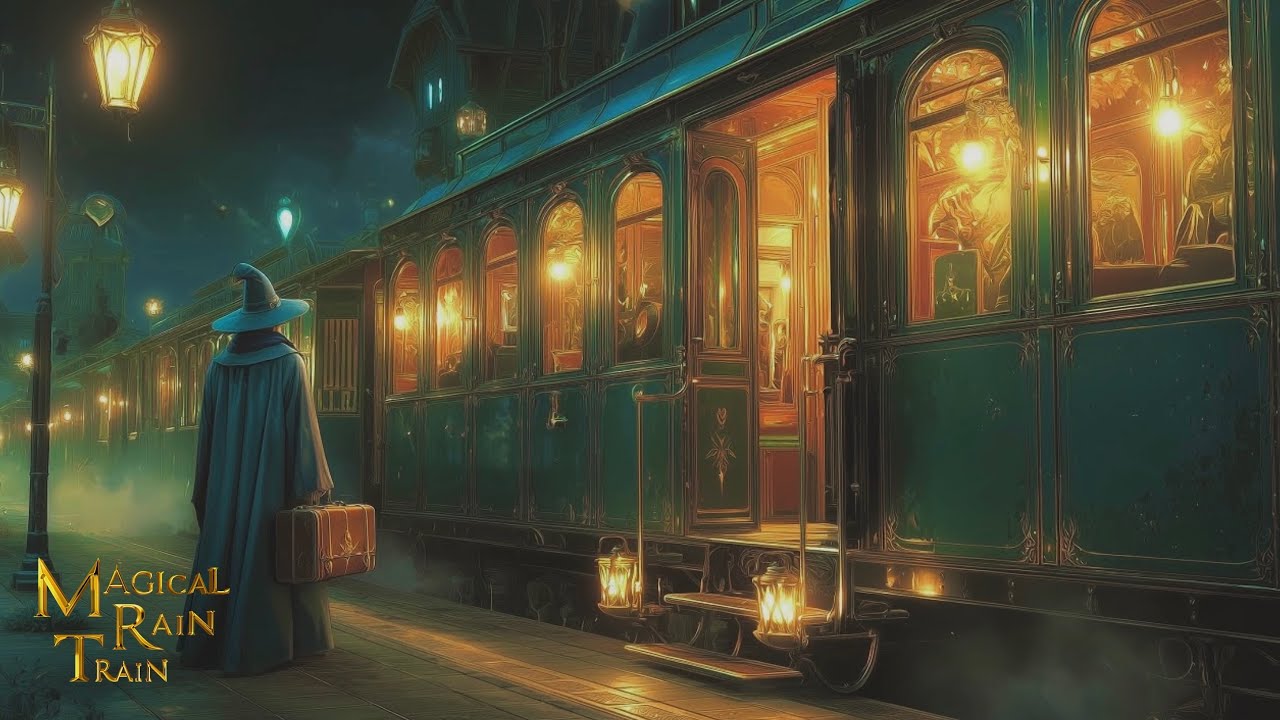 12H Rain Train Sleep Sounds | Wizard&rsquo;s Magical Library Car | Cozy Night Ambience