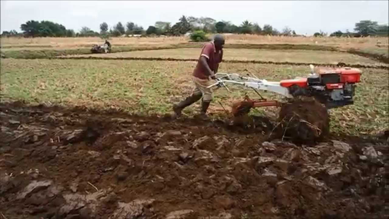 Power tiller operation by plough and ratavator at irrigation farm