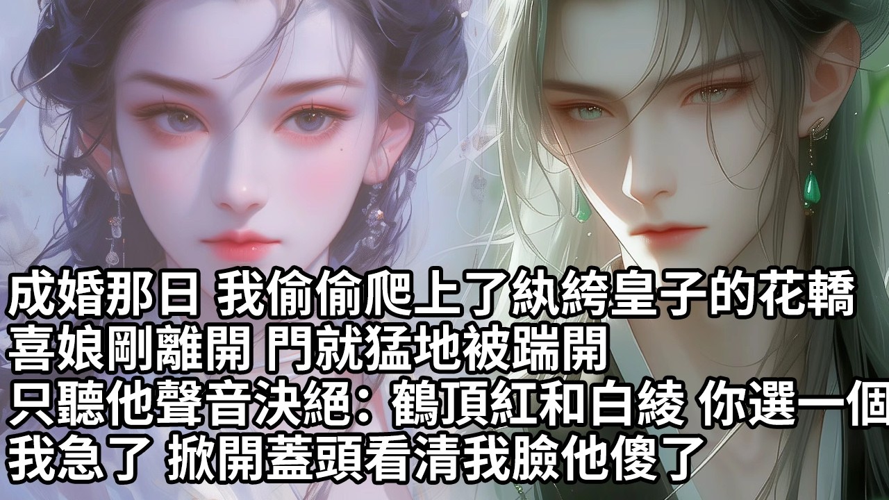 【一口氣看完】成婚那日 我偷偷爬上了紈絝皇子的花轎喜娘剛離開 門就猛地被踹開只聽他聲音決絕：鶴頂紅和白綾 你選一個我急了 掀開蓋頭看清我臉他傻了