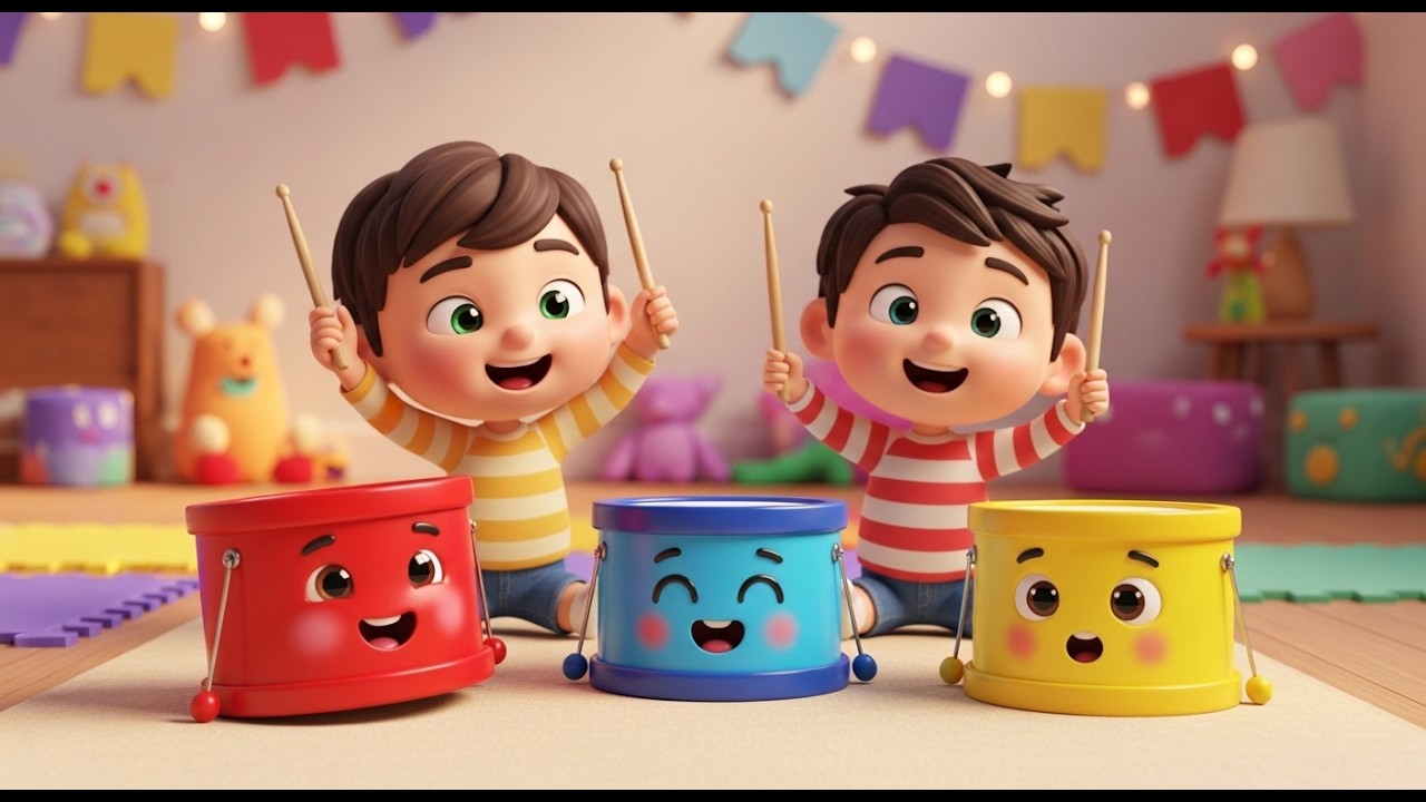 Três Pequenos Tambores de Brinquedo | Música de Ritmo e Sons para Crianças