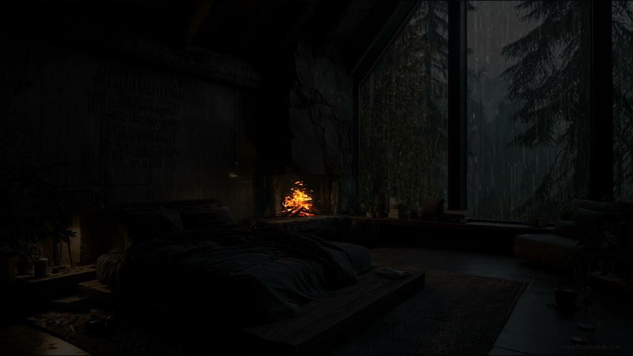 Night Rain Falling Beyond the Cabin Window | Cozy Indoor Fireplace Ambience Nature Rain Sounds