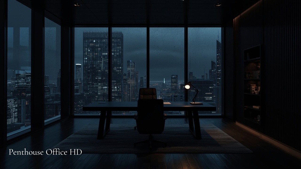 Night Penthouse Office Ambience – Rain on Glass & City Skyline | Deep Focus