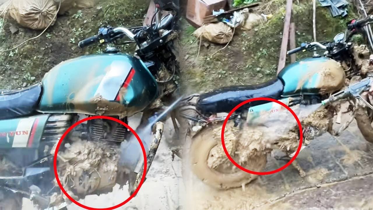 A young motorcyclist spent 100 yuan to clean his beloved motorcycle.#funny