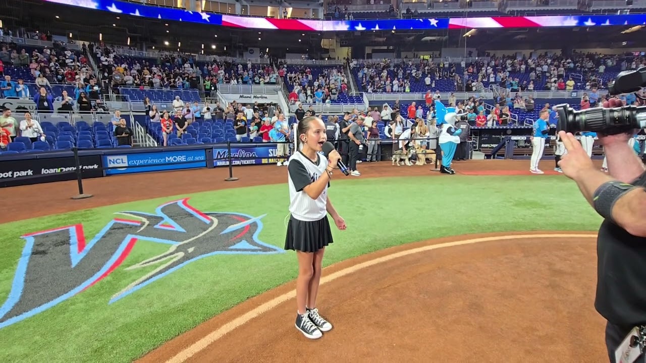 10 yr old Cheyenne Morris singing National Anthem at Miami Marlins game!