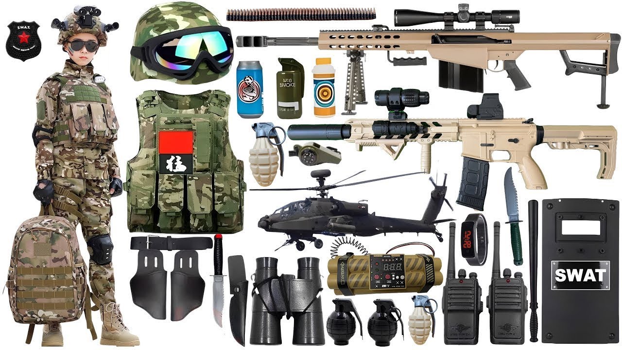 Unboxing Special Forces Weapon Toy Set, Submachine Gun, UZI, Handcuffs, Shield, Glock Pistol, Bomb