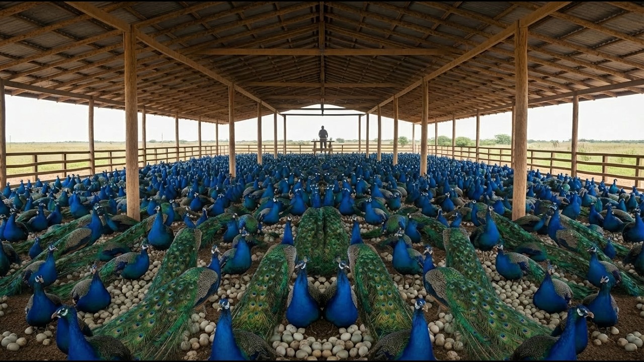 🌿🐦 Inside a Peafowl Mega Farm: How Hundreds Are Fed Simultaneously! 🚀🌟 ASMR Poultry  🐥💚