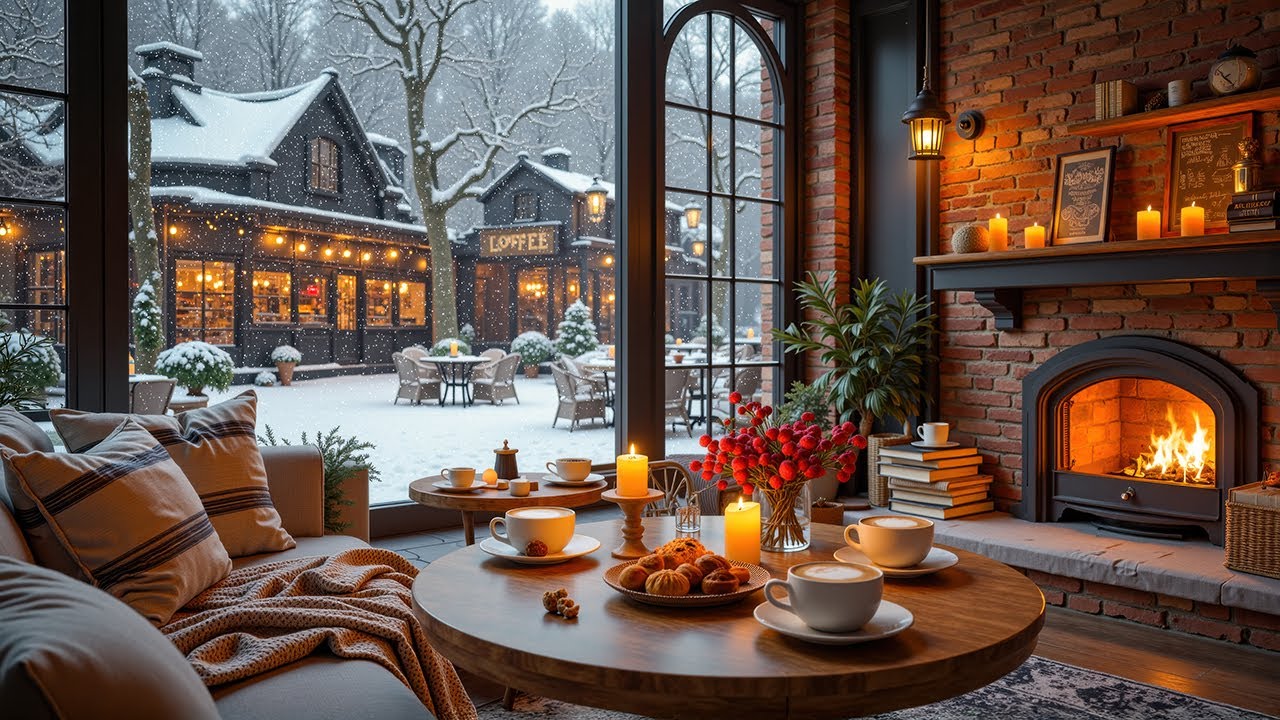 Winter Jazz by the Window While Snow Falls ❄️ A Cozy Café Evening with Fireplace Glow for Reading
