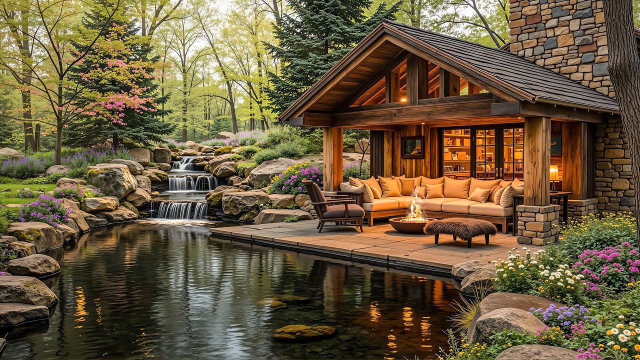 Cozy Spring Cabin Jazz 🌿 Fireplace by the Stream | Smooth Jazz with Birdsong & Flowing Water 4K