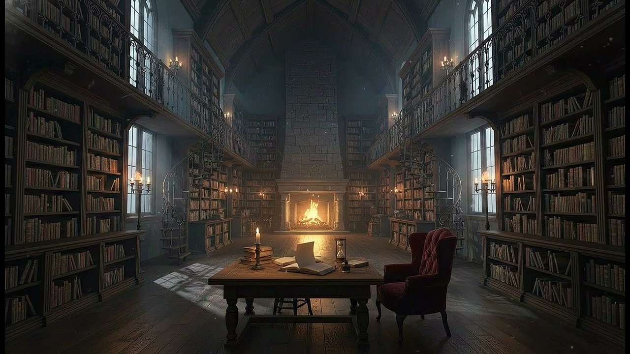 Gothic Library Fireplace Night | 4K Ambience for Focus