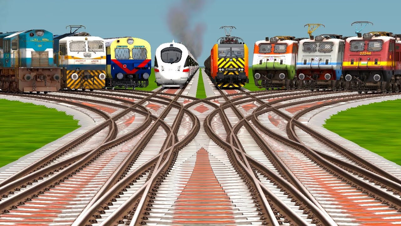 8 Fast Passenger & Freight Trains Crossing Dangerous Diamond Railway Tracks | Trainz Game