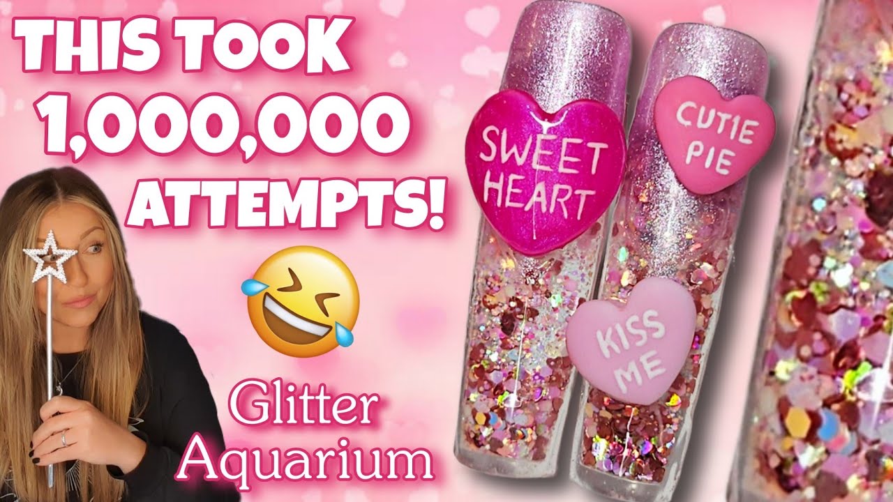 🍬 Candy Love Heart Glitter Aquarium Nails | Valentine's Pink Aqua Nail Art