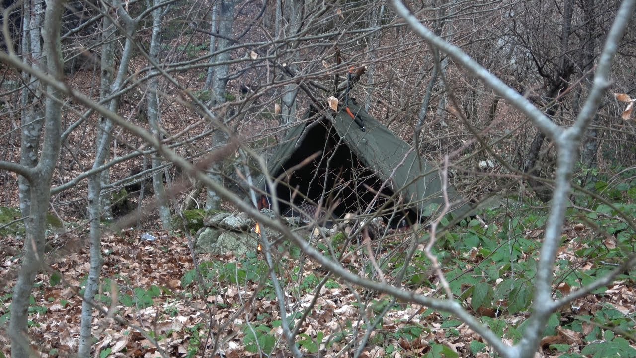 2 Days in the wilderness, wind storm, sleeping in a canvas shelter, grilled a turkey leg