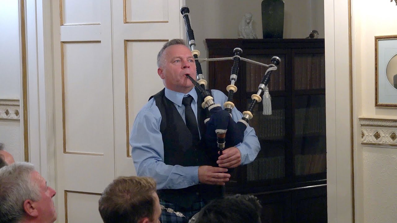 Renowned bagpiper Stuart Liddell playing 4/4 marches during recital at Delgatie Castle in Sept 2022