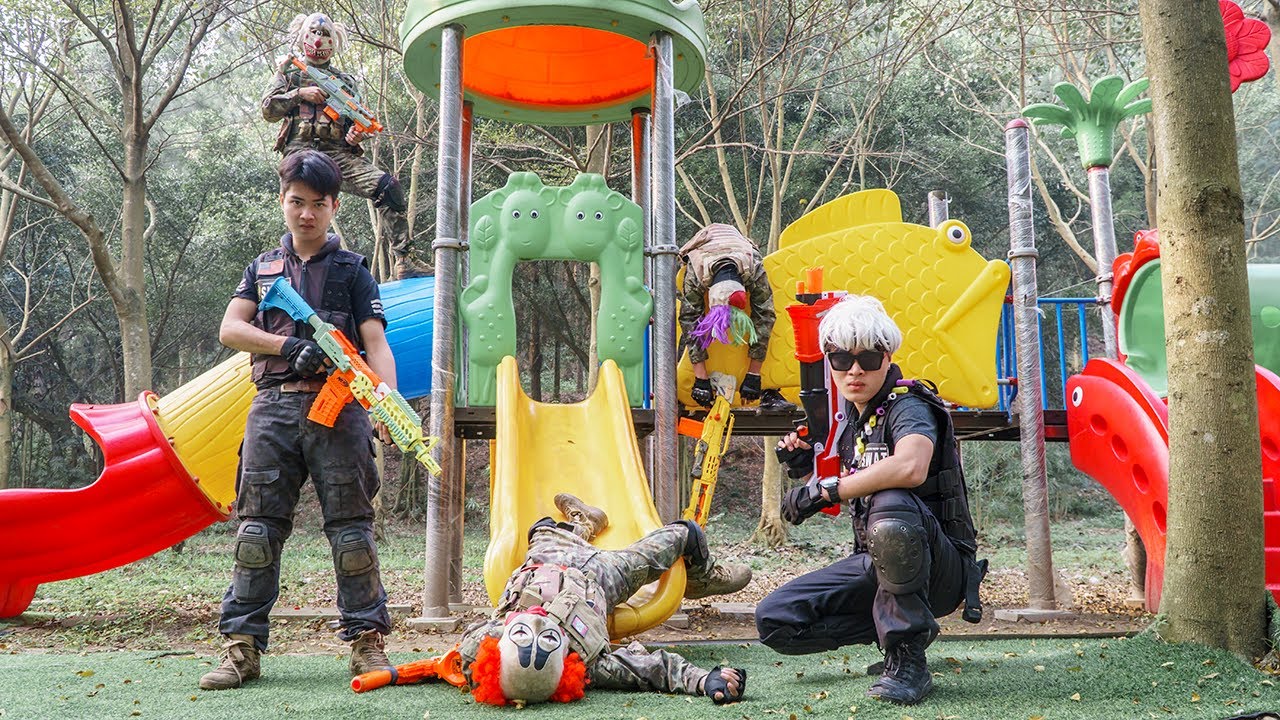 Banana Nerf War : Patrol Police SEAL X Warriors White Hair Nerf Guns Fight PIG Mask Bounty Hunter