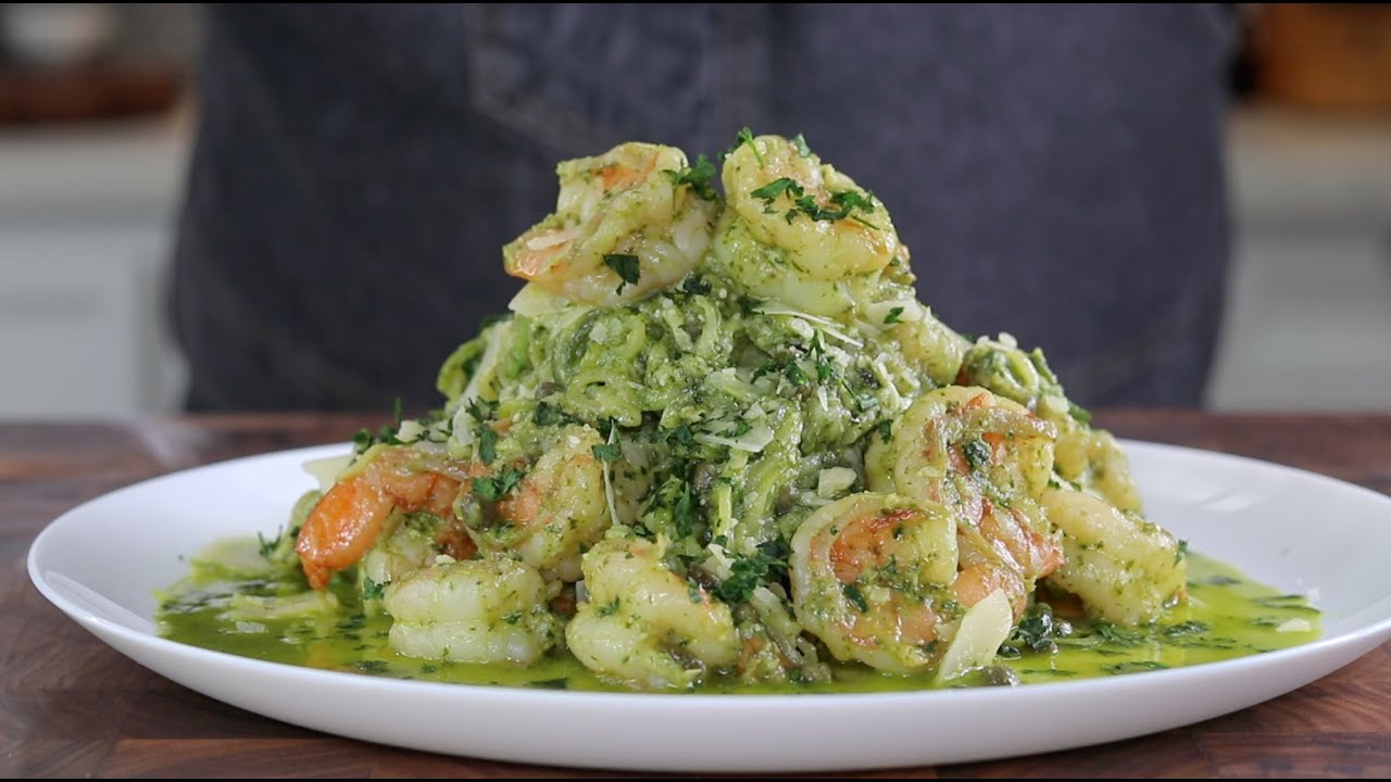 ZOODLES- Zucchini Noodles with Pesto and Shrimp