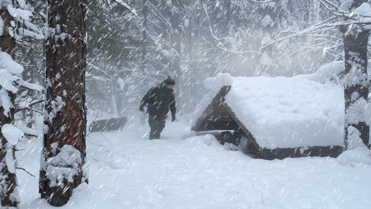 Survived Two Nights Of SNOWFALL In A TINY DUGOUT. Warm Log Cabin Underground