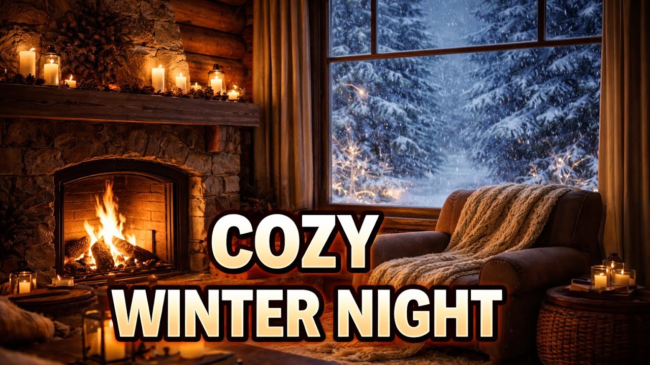  Hour Cozy Winter Fireplace Ambience ❄️ Snowy Cabin Sounds for Sleep & Relax