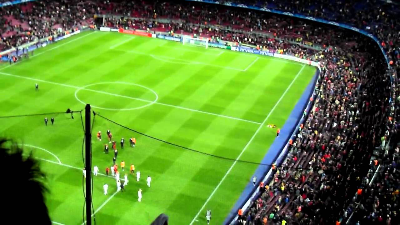 Chelsea fans in Barcelona's Nou Camp celebrate the final whistle, 24th April 2012