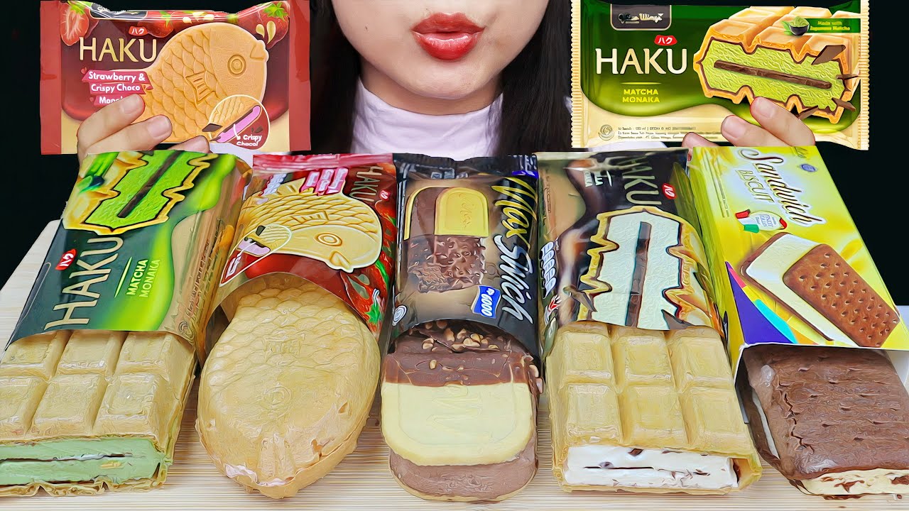ASMR ES KRIM SANDWICH 🍦 HAKU MATCHA MONAKA, AICE SANDWICH BISCUIT, MAX SWICH, HAKU STRAWBERRY 🍦