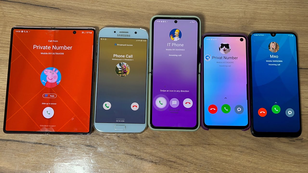 Five Phones Incoming Calls Samsung Fold vs Z Flip 3 Galaxy vs A7 (2017) vs S10e