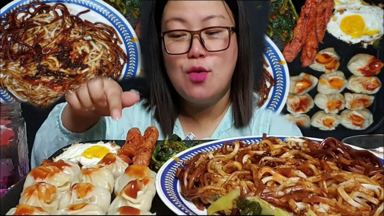 EATING SPICY KEEMA NODDLES CHICKEN MOMO SUSSAGE AND EGG FRY ||MUKBANG ||
