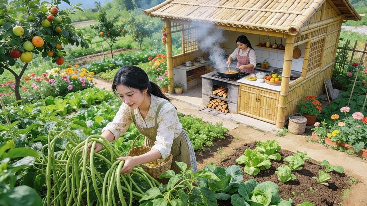Peaceful Country Life: Harvesting Fresh Yardlong Beans and Cooking Delicious Stir-Fried Buffalo Meat