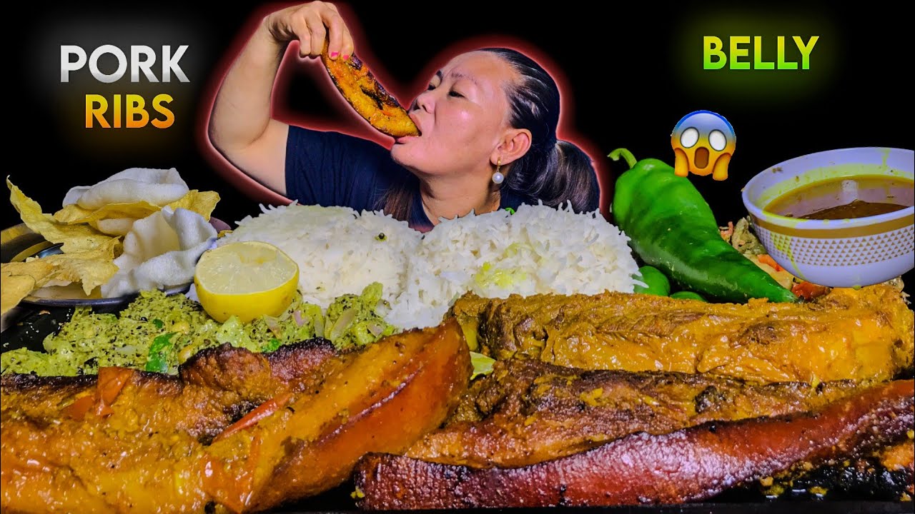 PORK RIBS CURRY 🔥 PORK BELLY CURRY😱 MUKBANG || GORKHE AACHAR  KARELA WITH RICE & GRAVY || PORK MEAT