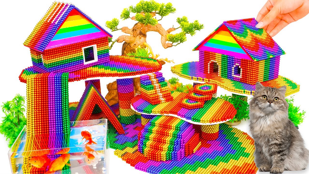 ASMR Video How To Build Water Slide Playground For Cats And Fish From Magnetic Balls