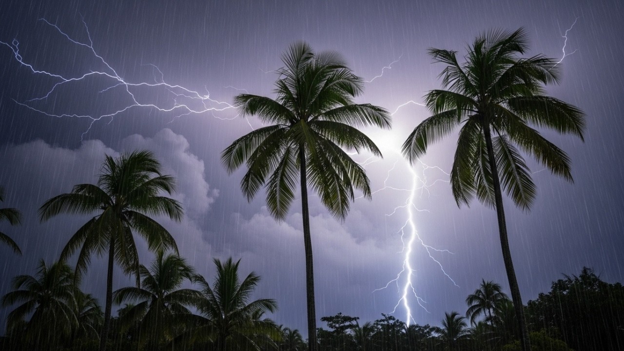 POV Tropical Night Rain Under Palm Trees • Seamless Loop Rain Ambience