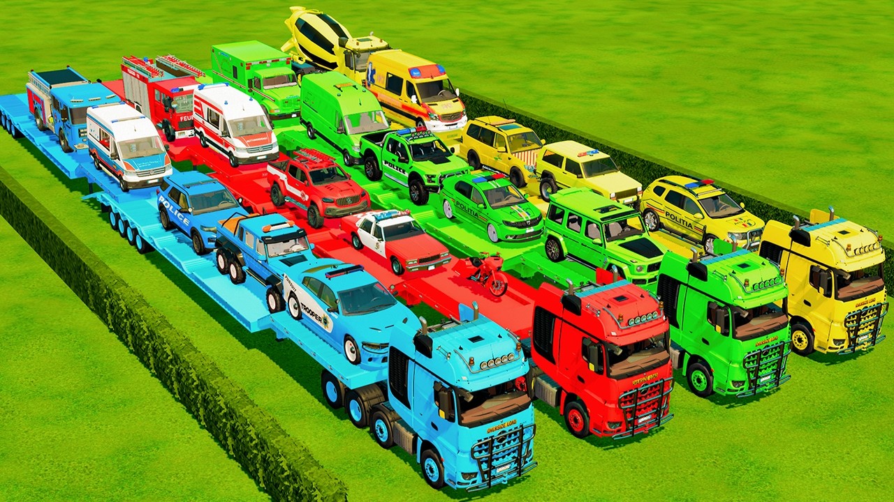 TRANSPORTING POLICE CARS, AMBULANCE, FIRE TRUCK, COLORFUL CARS WITH TRUCK -FARMING SIMULATOR 22!