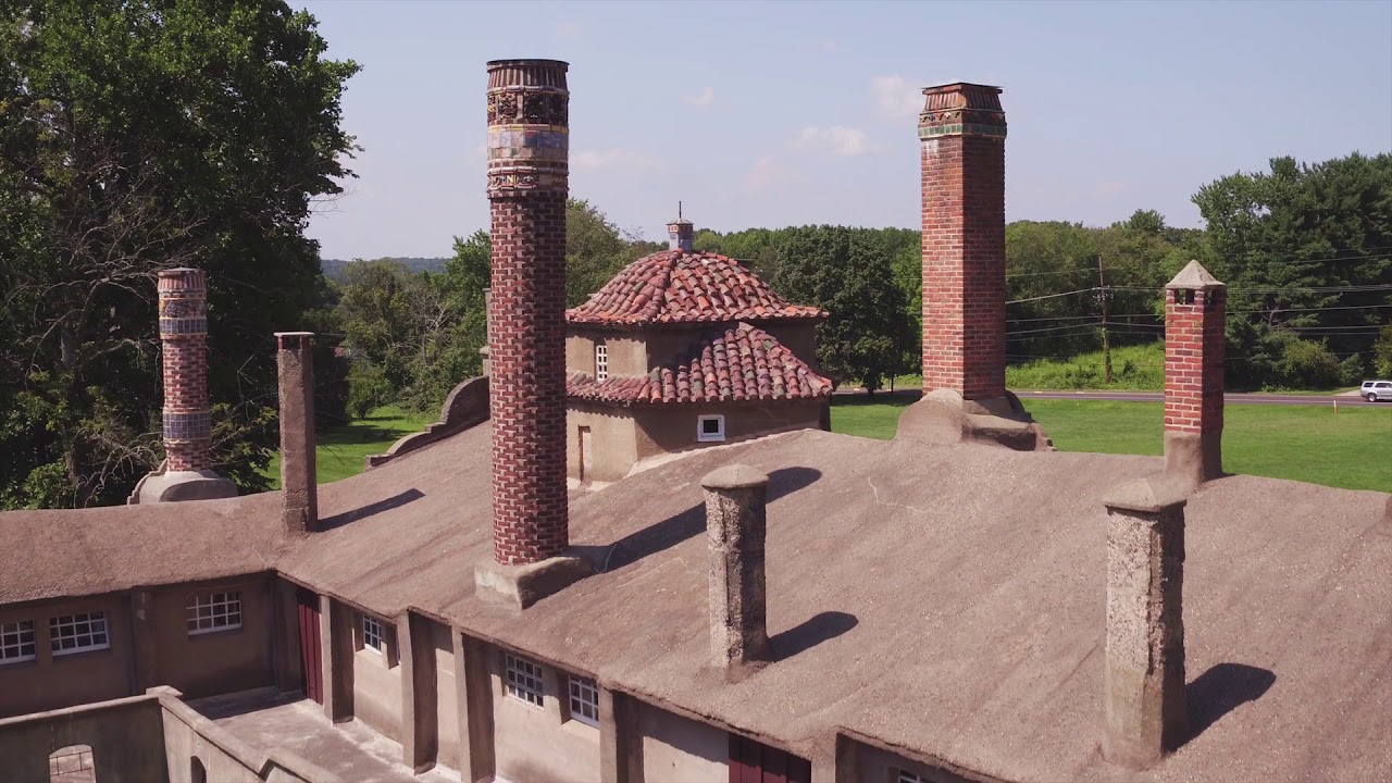 Aerial footage of Moravian Pottery & Tile Works in Bucks County