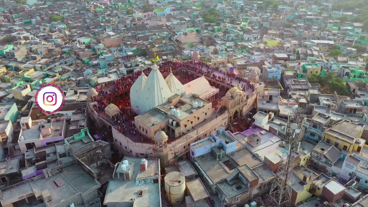 Shri Nand Baba Mandir - Nandgaon Mathura Holi Festival Drone Footage 4k High Resolution - India