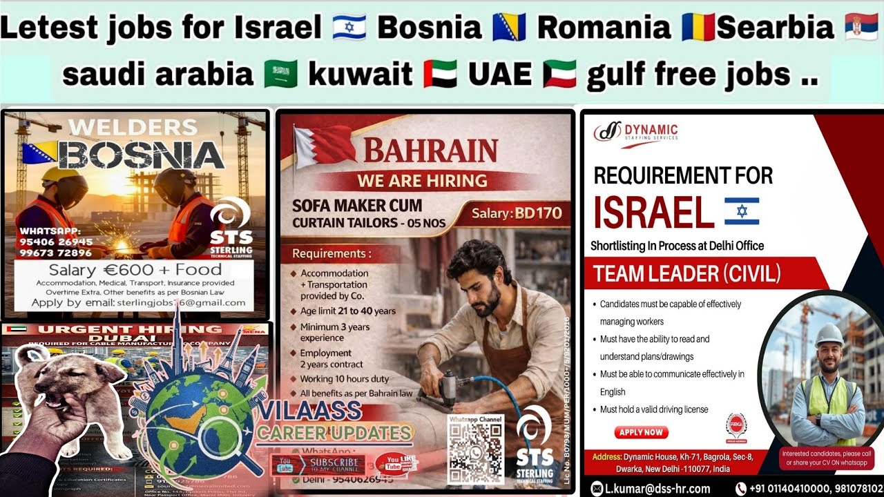 Letest jobs for Israel 🇮🇱 Bosnia 🇧🇦Greece 🇬🇷 Romania 🇷🇴Searbia 🇷🇸  kuwait 🇦🇪  Bahrain 🇧🇭 gulf jobs.