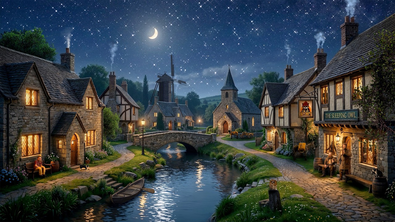 Cozy Medieval Village Night Ambience 🌙 Riverside, Tavern Sounds & Gentle Night Nature for Deep Sleep