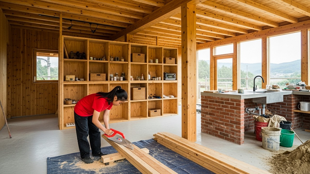 With just her hard work, the young woman completed a wooden house with a kitchen in only 90 days.