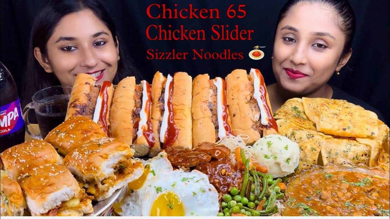 Eating😋Sizzler Noodles🍲Chicken Slider🥪Chilli Garlic Paratha with Chicken Keema Curry,chicken 65🌭