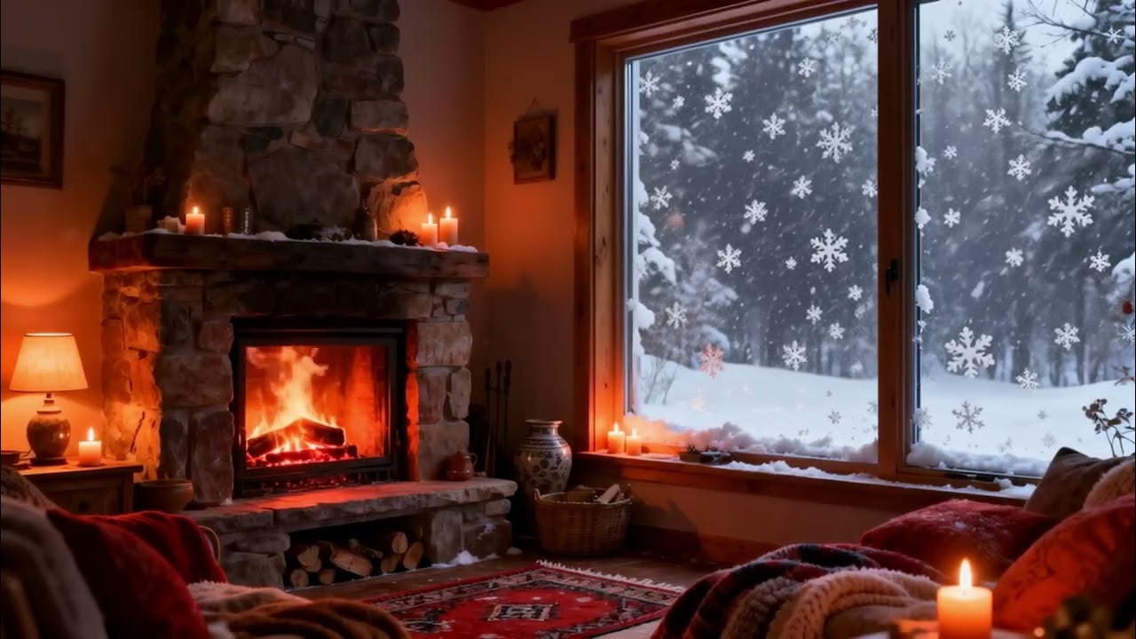 Relaxing Winter Cabin • Fireplace Crackles & Soft Ambience
