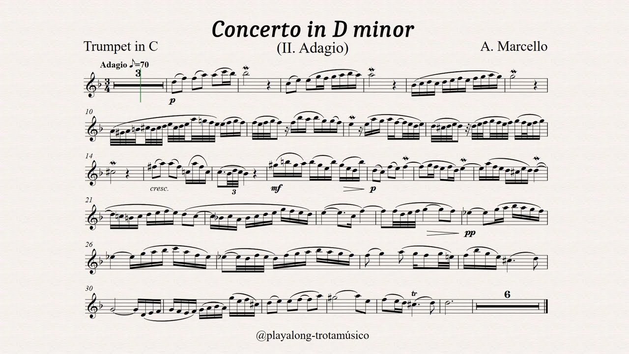 Marcello - Concerto in D minor (II Adagio) for C Trumpet & Piano - Sheet music & Playalong