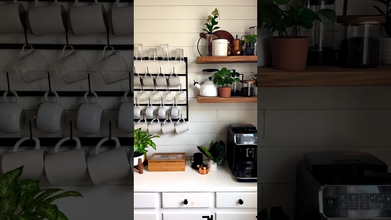 Coffee bar views! Shelf decor, home decor, coffee bar ideas, open shelving