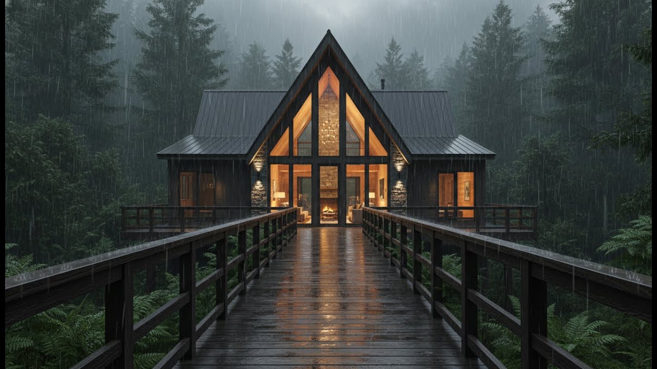 Rain Sound Relaxing in Modern House Forest And Woods | Deep Sleep, Study & Insomnia Relief