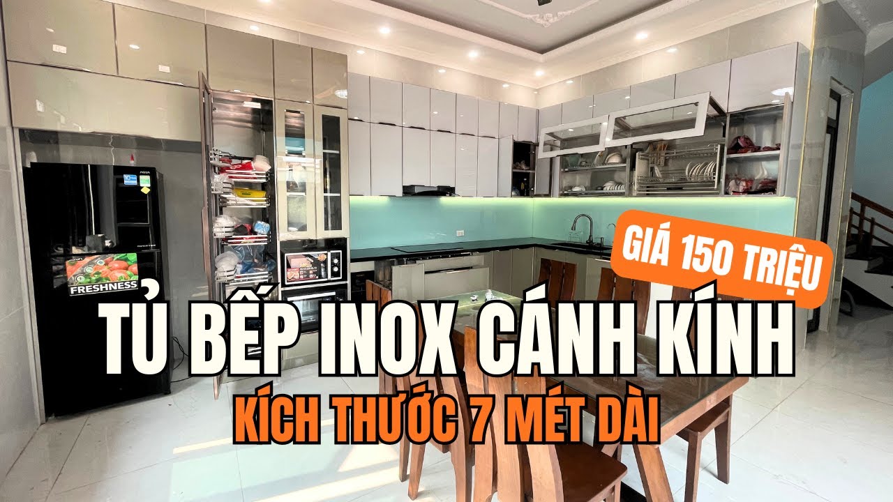 Tủ bếp Inox cánh kính chữ L cùng tủ rượu, tủ kho nhà chú Giới Sóc Sơn, Hà Nội - Nội thất Toàn Thắng