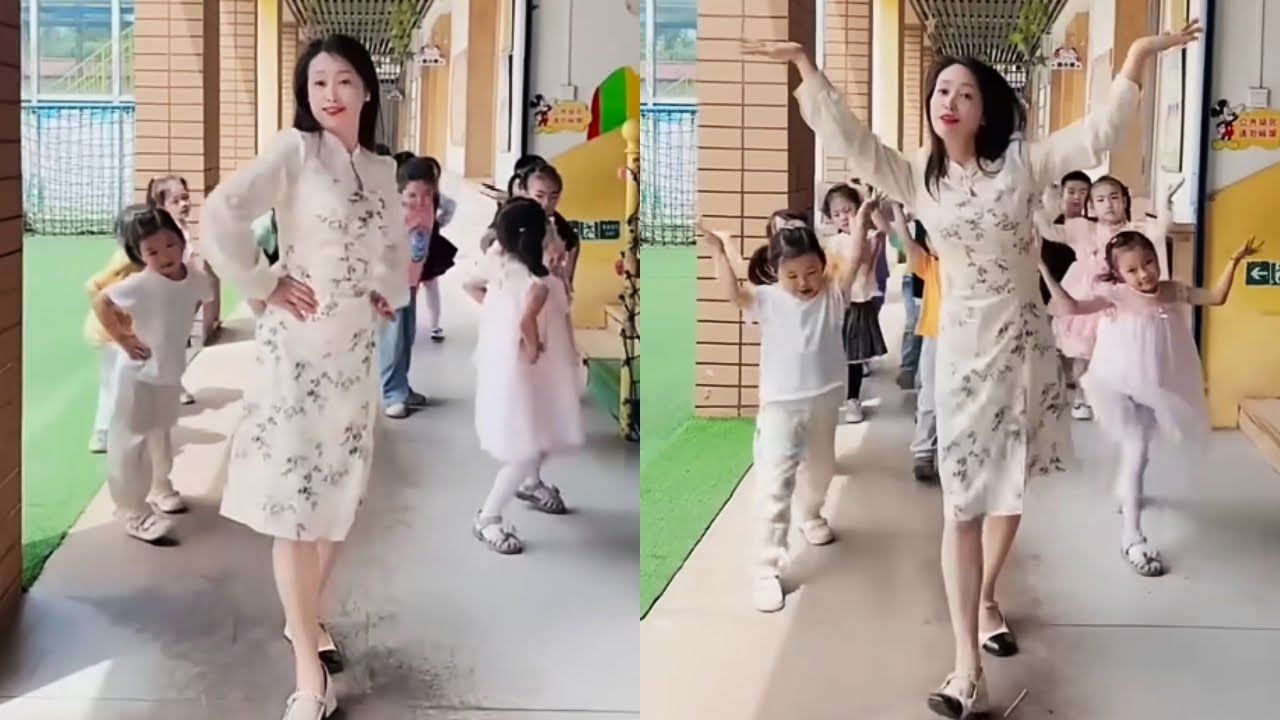 活泼的小朋友跟着老师欢快跳舞，简单的动作让一天充满活力！#dance #搞笑 #funny