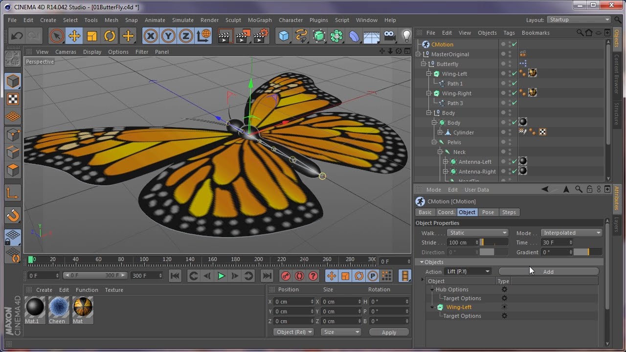 Cinema 4D Tutorial on CMotion, Cineware, After Effects, Particular, butterfly, rigging, bones
